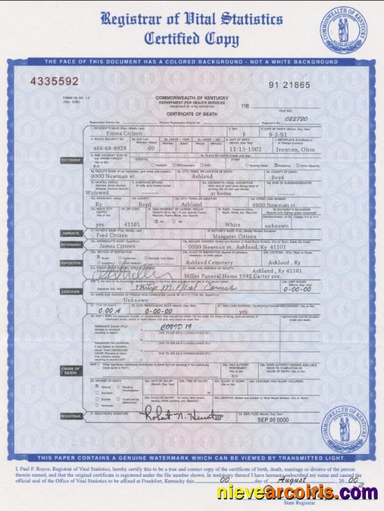 USA Kentucky state death certificate